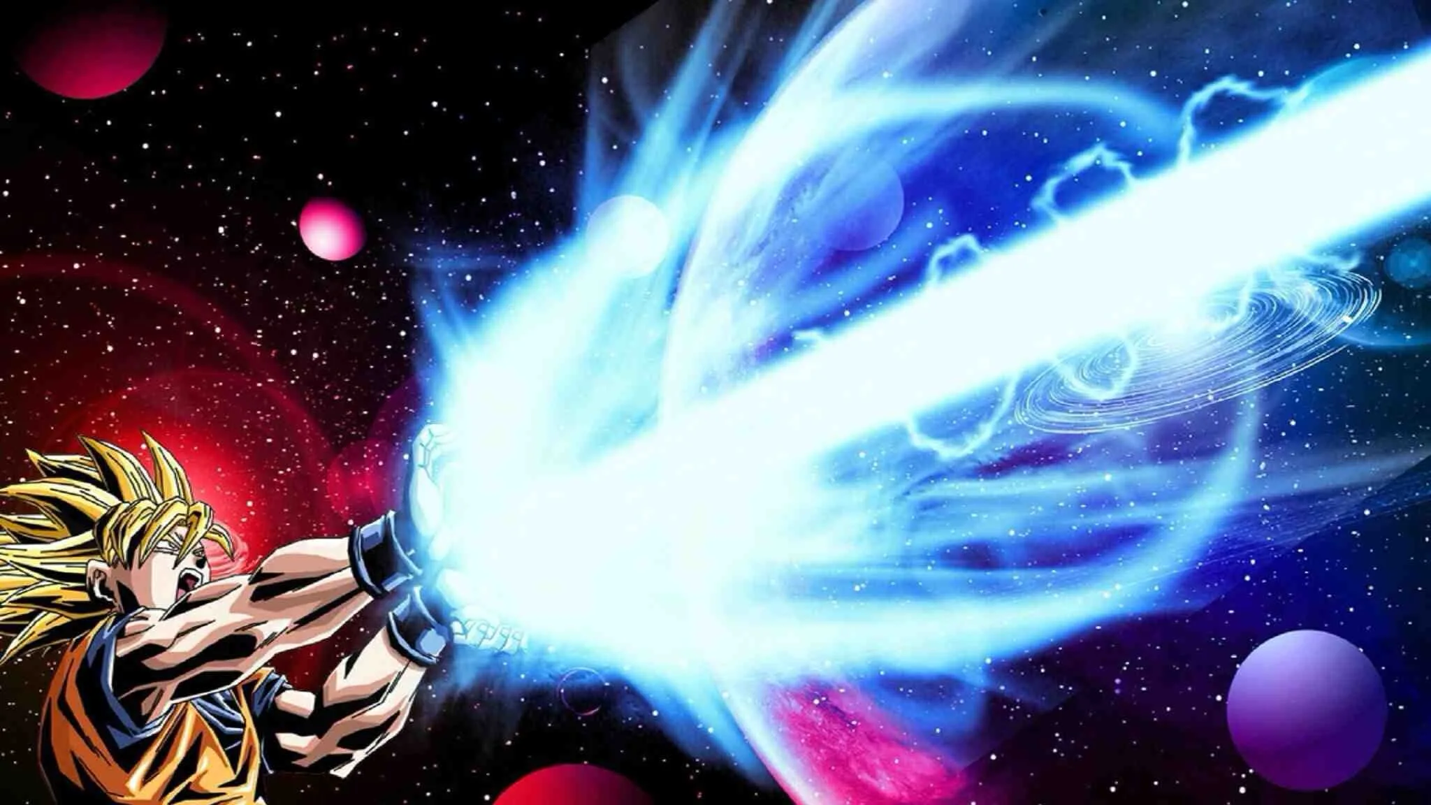 Son Goku en Super Saiyan lance un Kamehameha à travers l'espace